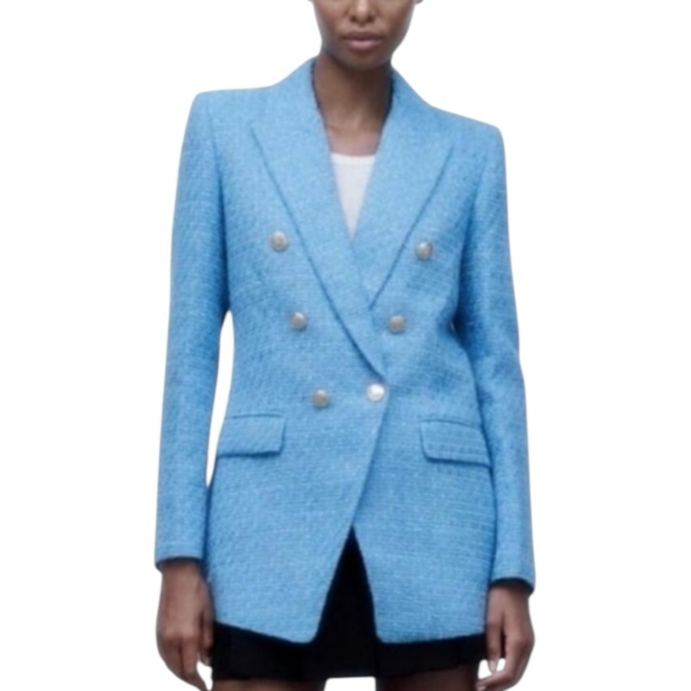 Zara Sky Blue Tweed Gold Crested Button Double Breasted Blazer - M